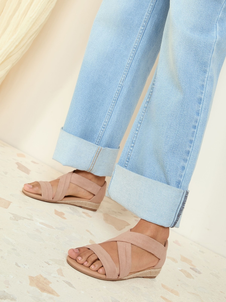 Friends Like These Nude Wide Fit Cross Strap Comfort Low Wedge Sandals - Image 1 of 4