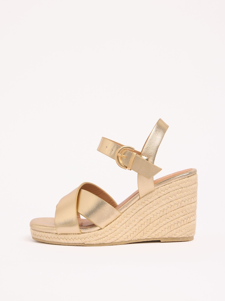 Friends Like These Gold Multi Strap Square Toe Espadrille Mid Wedge Sandals - Image 5 of 5