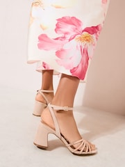 Friends Like These Nude Pink Standard Fit Faux Suede Diamante Hotfix Low Block Heeled Occassion Sandals - Image 4 of 4