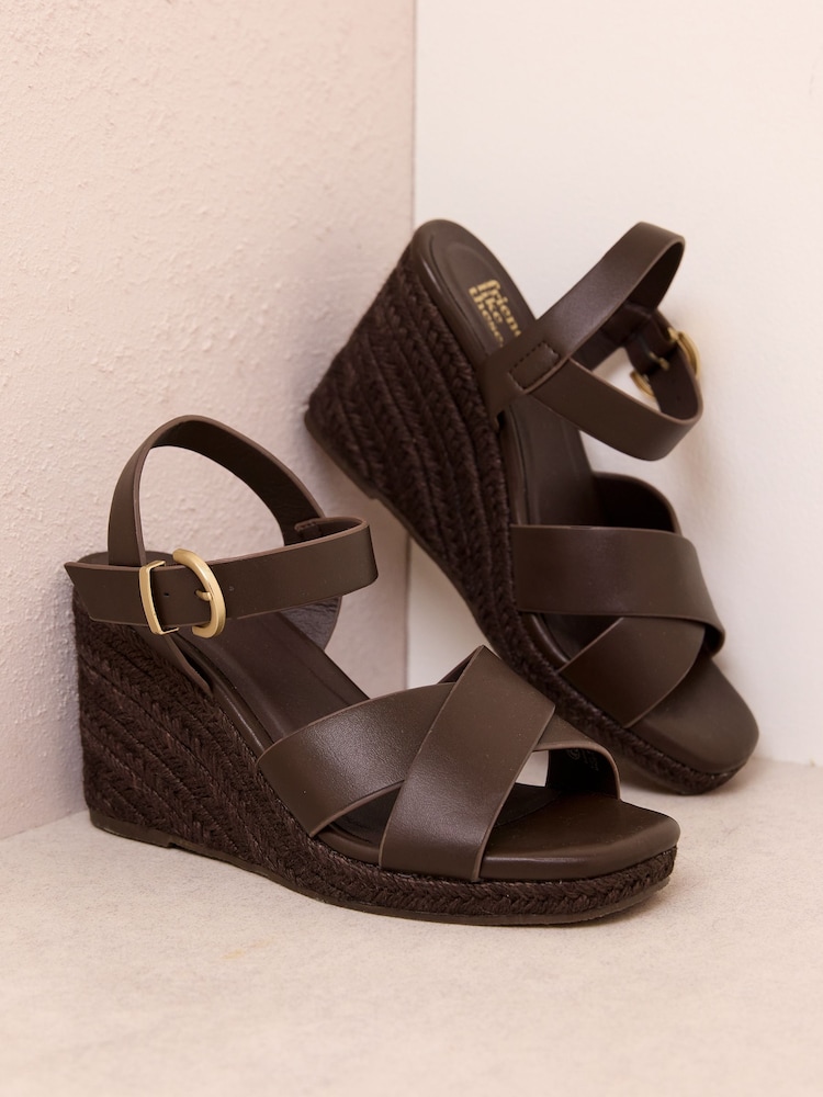 Friends Like These Chocolate Brown Multi Strap Square Toe Espadrille Mid Wedge Sandals - Image 1 of 4