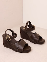 Friends Like These Chocolate Brown Multi Strap Square Toe Espadrille Mid Wedge Sandals - Image 2 of 4