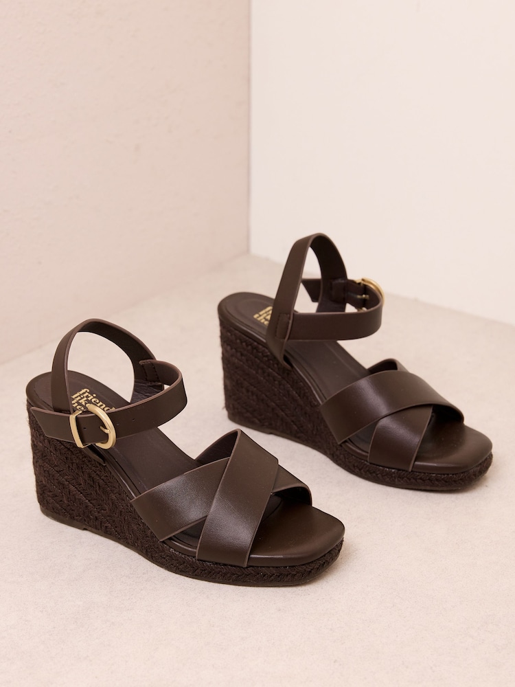 Friends Like These Chocolate Brown Multi Strap Square Toe Espadrille Mid Wedge Sandals - Image 2 of 4