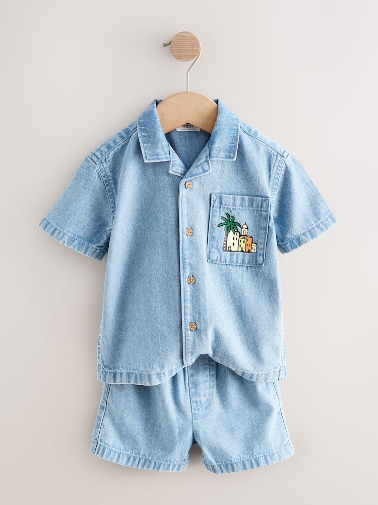 Blue Denim Palm Embroidery - طقم قميص بأكمام قصيرة وياقة دقيقة مع شورت (3شهور-10سنوات) - صورة 2 من 5