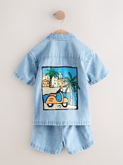 Blue Denim Palm Embroidery - طقم قميص بأكمام قصيرة وياقة دقيقة مع شورت (3شهور-10سنوات) - صورة 3 من 5