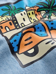 Blue Denim Palm Embroidery - طقم قميص بأكمام قصيرة وياقة دقيقة مع شورت (3شهور-10سنوات) - صورة 4 من 5