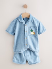 Blue Denim Palm Embroidery Short Sleeve Revere Collar Shirt & Shorts Set (3mths-10yrs) - Image 6 of 9