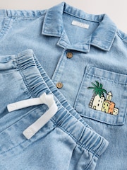 Blue Denim Palm Embroidery Short Sleeve Revere Collar Shirt & Shorts Set (3mths-10yrs) - Image 9 of 9
