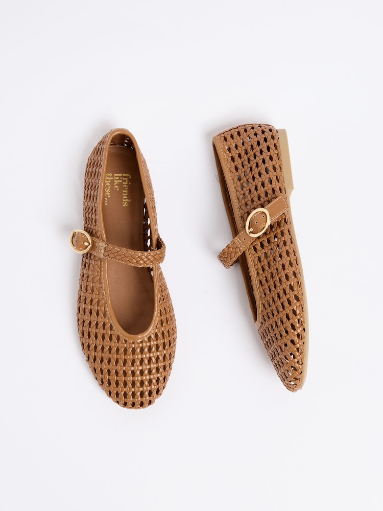 Friends Like These Tan Brown Faux Leather Weave Mary Jane Casual Flat Ballerina Shoes - Image 2 of 4 Friends Like These Tan Brown Faux Leather Weave Mary Jane Casual Flat Ballerina Shoes - Image 2 of 4