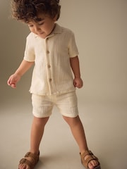 Ecru Plain Short Sleeve Double Cloth Shirt & Shorts Set (3mths-10yrs) - Image 1 of 4