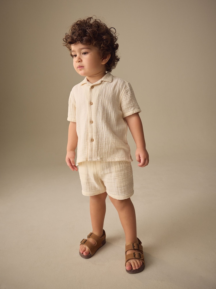 Ecru Plain Short Sleeve Double Cloth Shirt & Shorts Set (3mths-10yrs) - Image 2 of 4