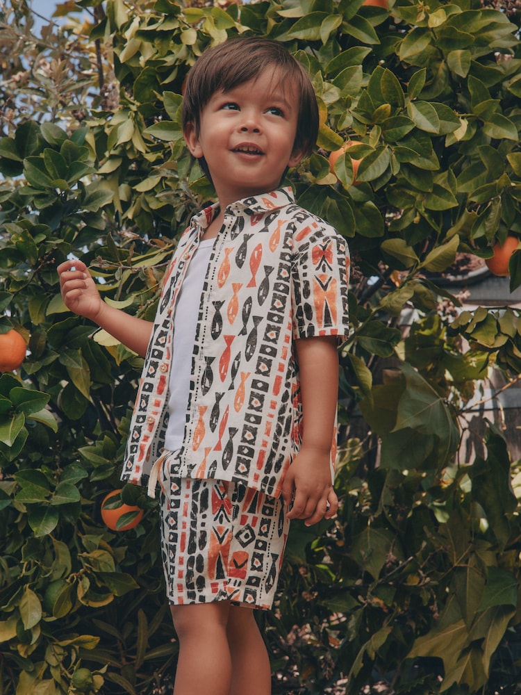 Ecru All Over Print Fish Short Sleeve AOP Shirt and Shorts Set (3mths-10yrs) - Image 1 of 9