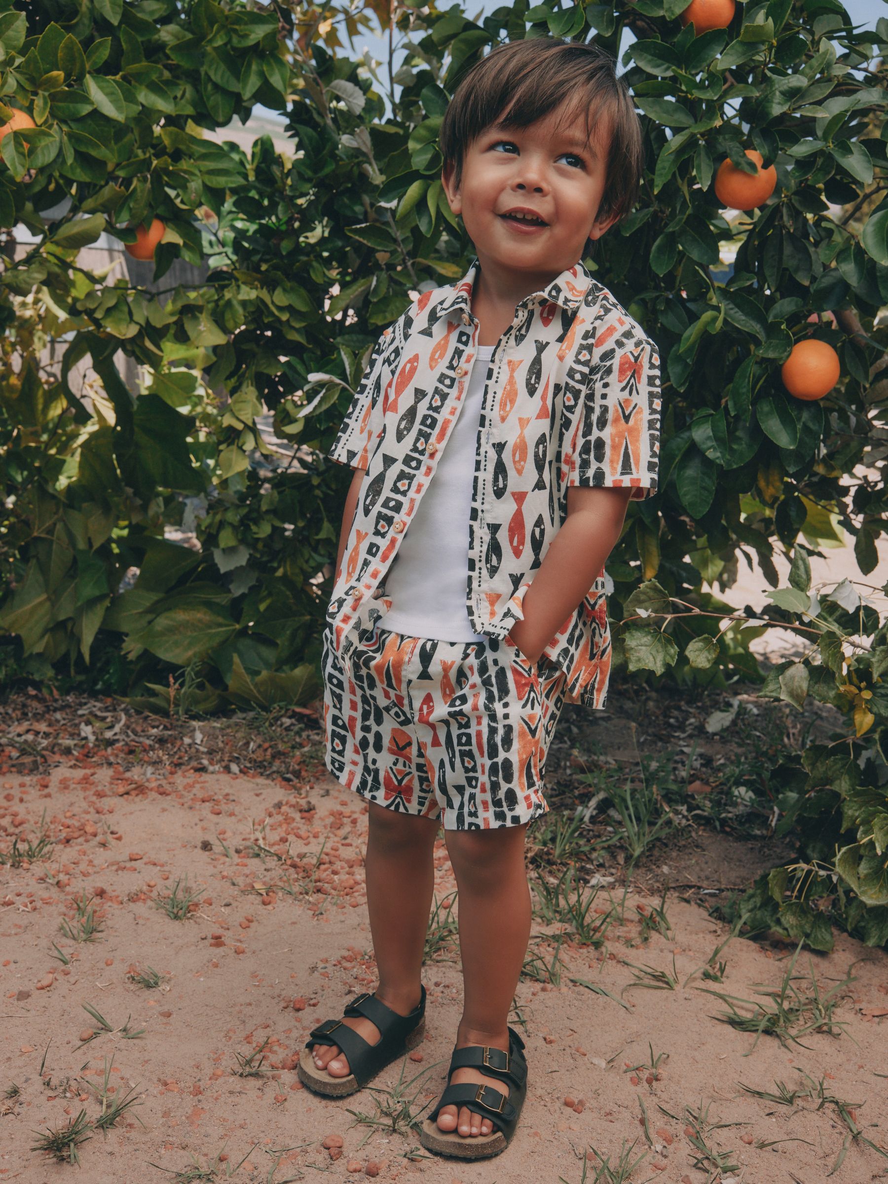 Buy Ecru All Over Print Fish Short Sleeve AOP Shirt and Shorts Set