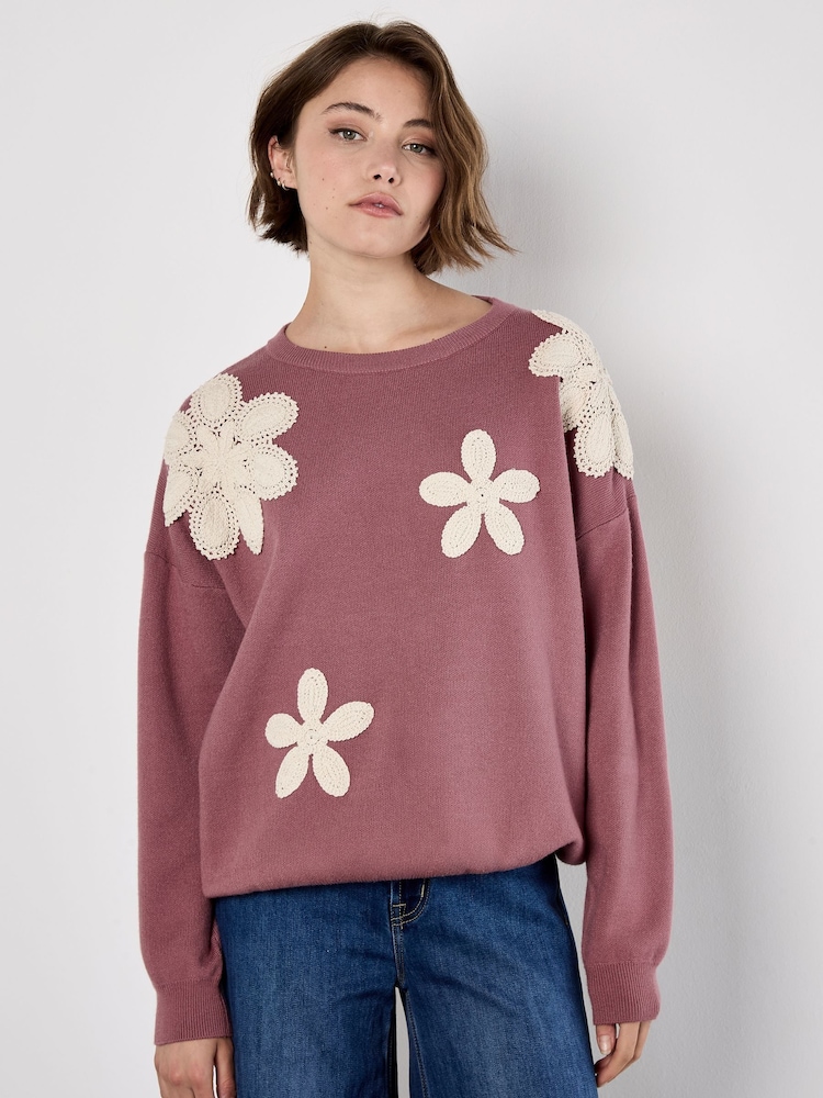 Apricot Pink Crochet Large Daisies Jumper - Image 1 of 4 Apricot Pink Crochet Large Daisies Jumper - Image 1 of 4