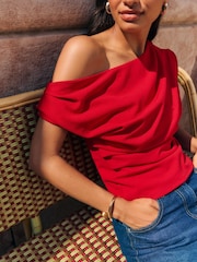 Friends Like These Bright Red Draped Off The Shoulder Top - Image 4 of 5