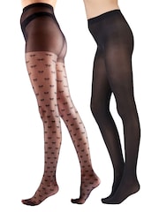 Pretty Polly Bow & 40 Denier Opaque Black Tights 2 Pair Pack - Imagen 1 de 5