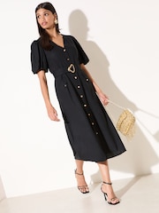Friends Like These Black Button Through Belted Midi Dress - Image 3 of 5