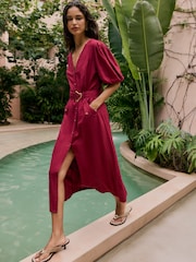 Friends Like These Burgundy Red Button Through Belted Midi Dress - Image 1 of 4