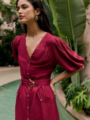 Friends Like These Burgundy Red Button Through Belted Midi Dress - Image 2 of 4