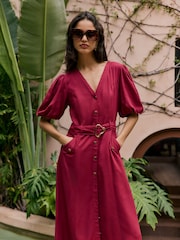 Friends Like These Burgundy Red Button Through Belted Midi Dress - Image 3 of 4