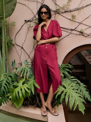 Friends Like These Burgundy Red Button Through Belted Midi Dress - Image 4 of 4