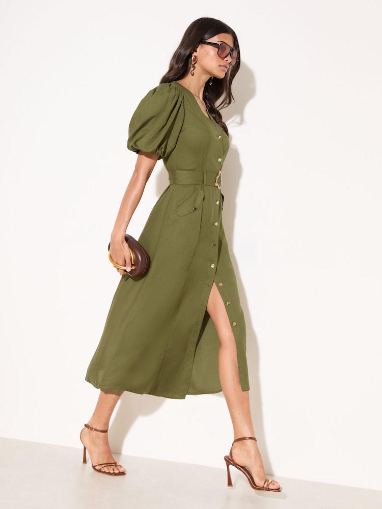 Friends Like These Green Button Through Belted Midi Dress - Image 1 of 4