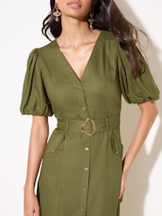 Friends Like These Green Button Through Belted Midi Dress - Image 2 of 4