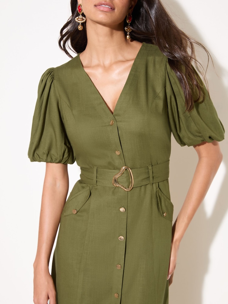Friends Like These Green Button Through Belted Midi Dress - Image 2 of 4