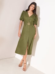 Friends Like These Green Button Through Belted Midi Dress - Image 3 of 4