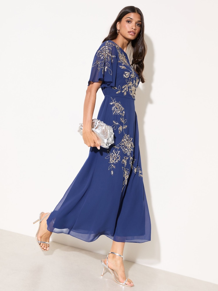 Friends Like These Navy Short Sleeve Embellished Midi Dress - Image 1 of 5