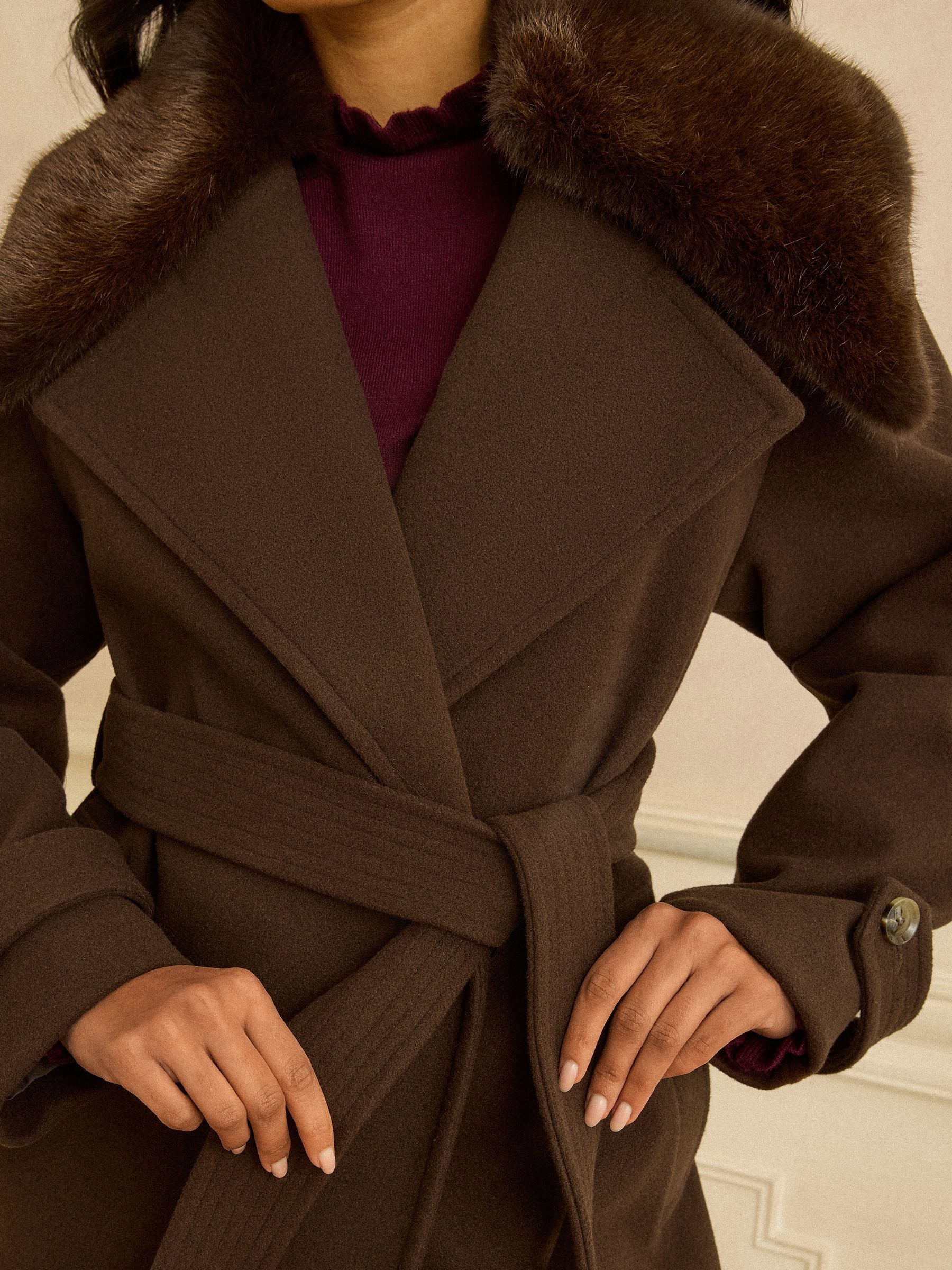 Buy Love & Roses Chocolate Brown Fur Collared Wrap Coat from the