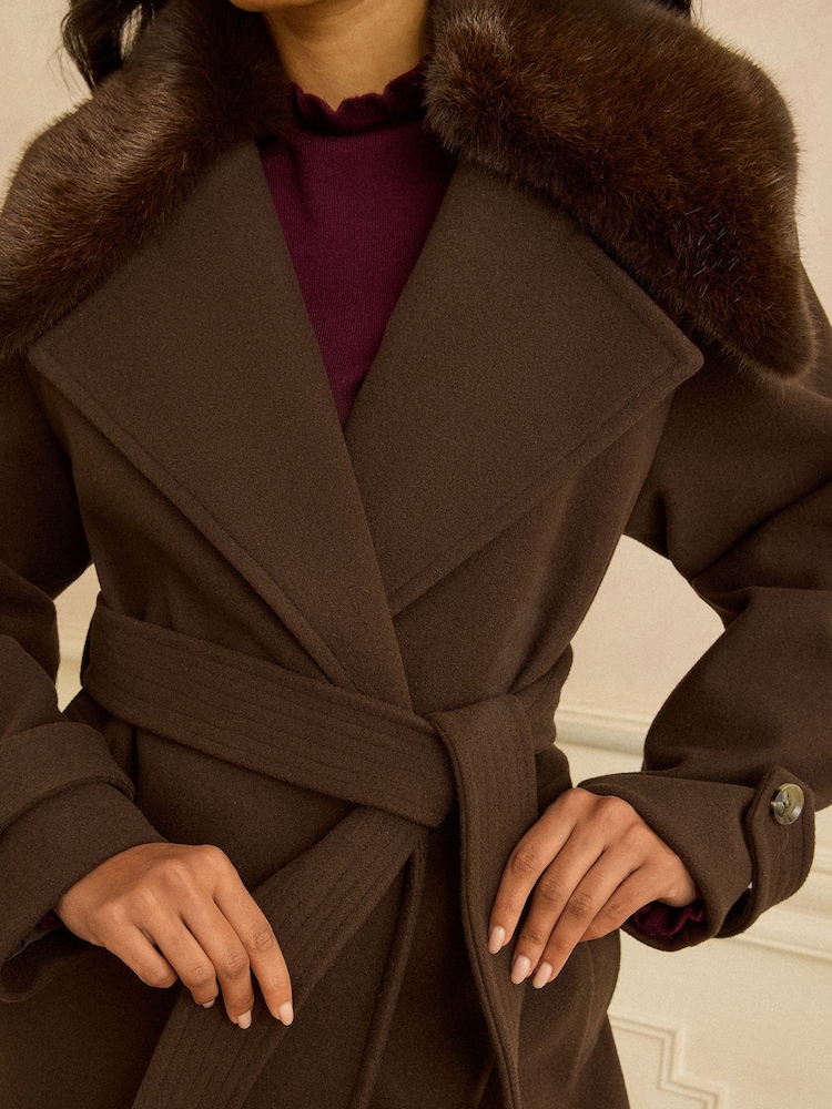 Love & Roses Chocolate Brown Fur Collared Wrap Coat - Image 2 of 4