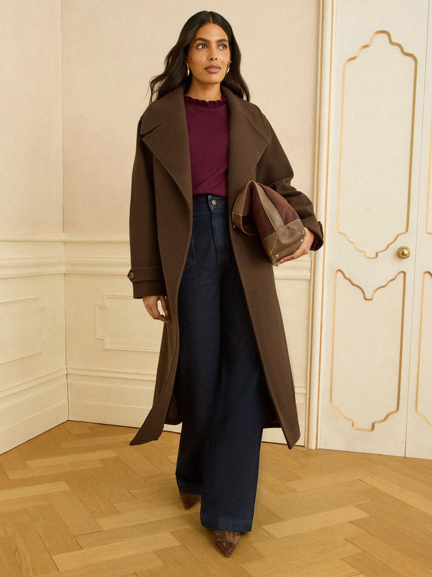 Buy Love & Roses Chocolate Brown Fur Collared Wrap Coat from the