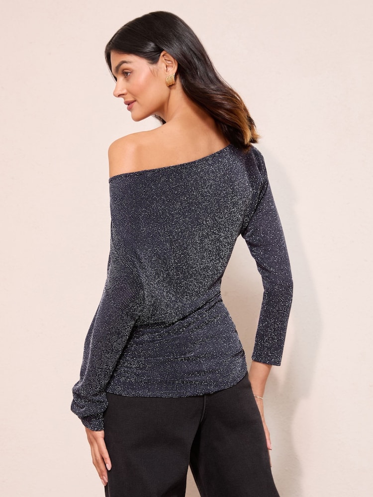 Friends Like These Navy Shimmer Off Shoulder Long Sleeve Top - Image 5 of 5 Friends Like These Navy Shimmer Off Shoulder Long Sleeve Top - Image 5 of 5