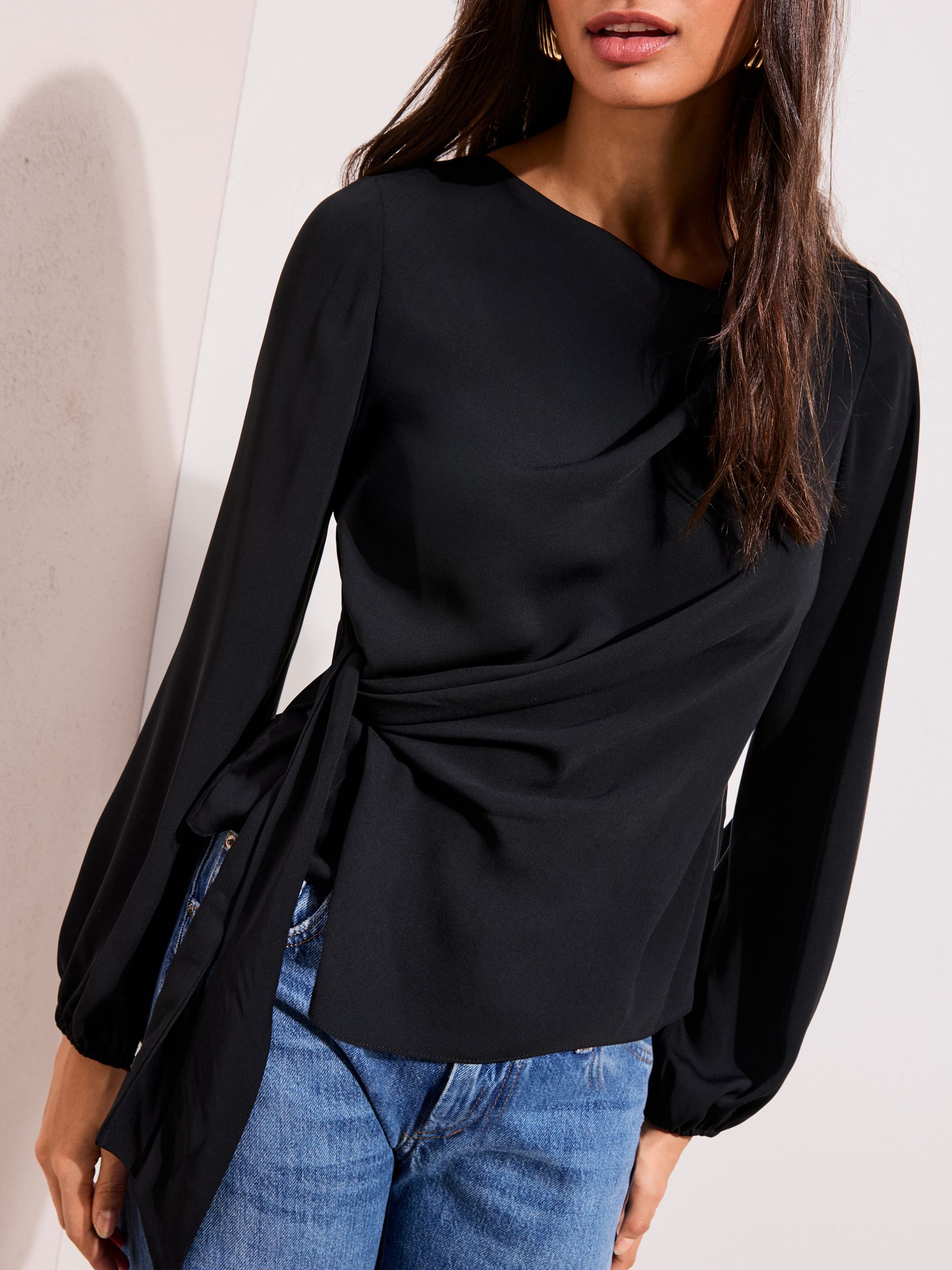 Buy Friends Like These Black Long Sleeve Tie Side Cowl Blouse from