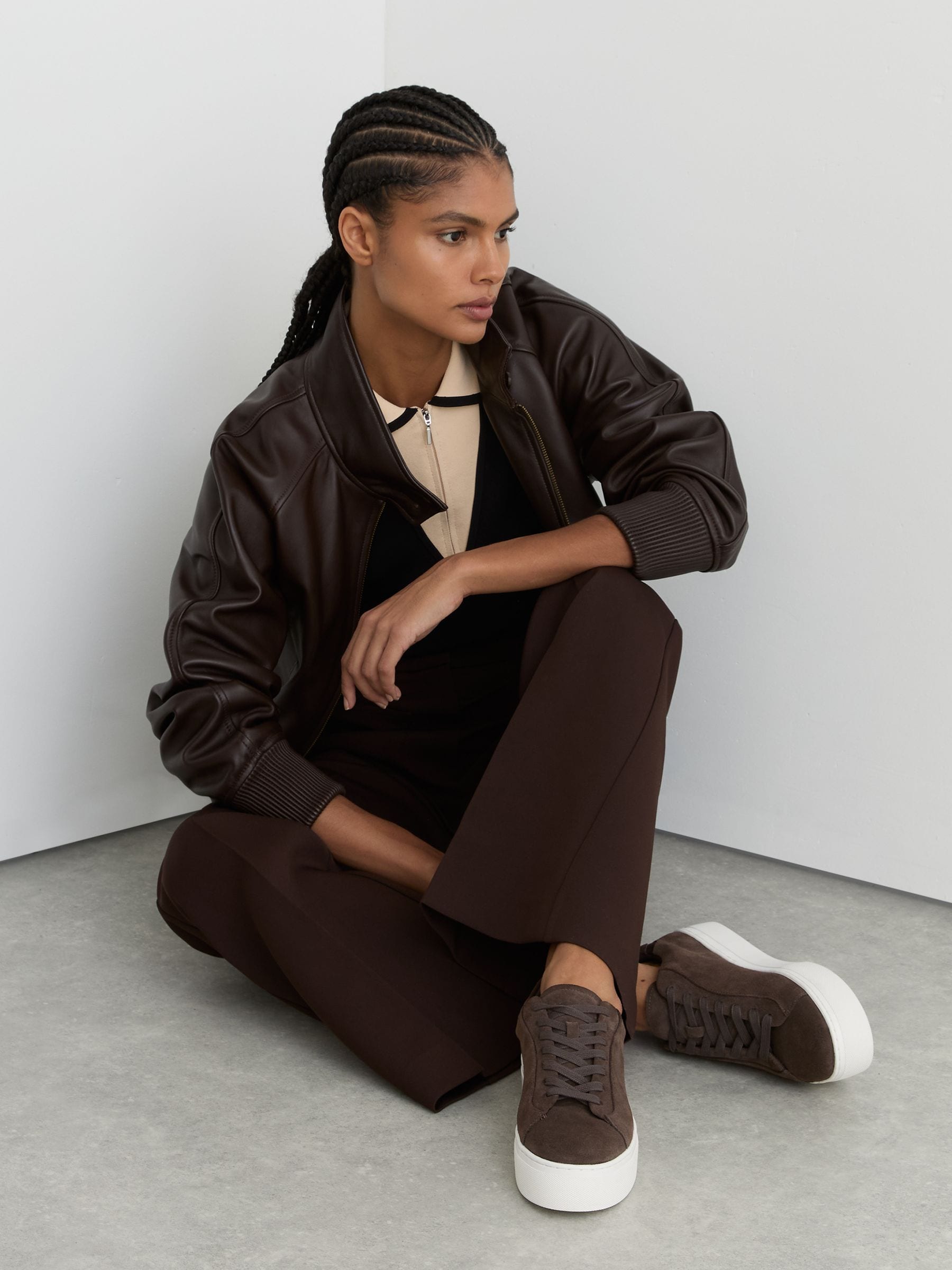 Reiss Chocolate Leather Low-top Trainers In Brown