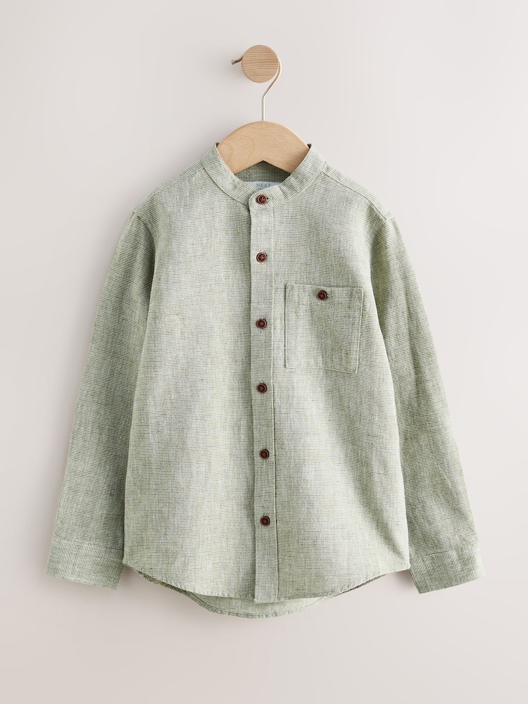 Sage Green Long Sleeve Grandad Collar Cotton/Linen Mix Texture Shirt (3-16yrs) - Image 1 of 4 Sage Green Long Sleeve Grandad Collar Cotton/Linen Mix Texture Shirt (3-16yrs) - Image 1 of 4