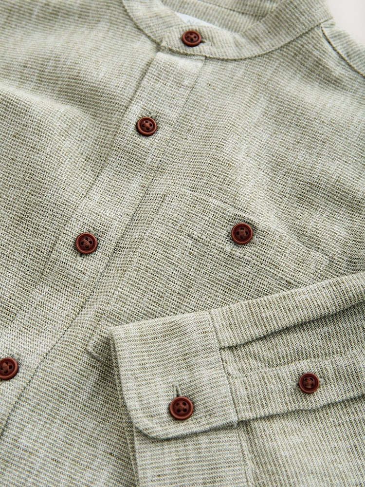 Sage Green Long Sleeve Grandad Collar Cotton/Linen Mix Texture Shirt (3-16yrs) - Image 4 of 4 Sage Green Long Sleeve Grandad Collar Cotton/Linen Mix Texture Shirt (3-16yrs) - Image 4 of 4