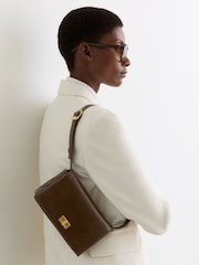 Reiss Taupe Aletta Leather Twist-Lock Shoulder Bag - Image 1 of 7