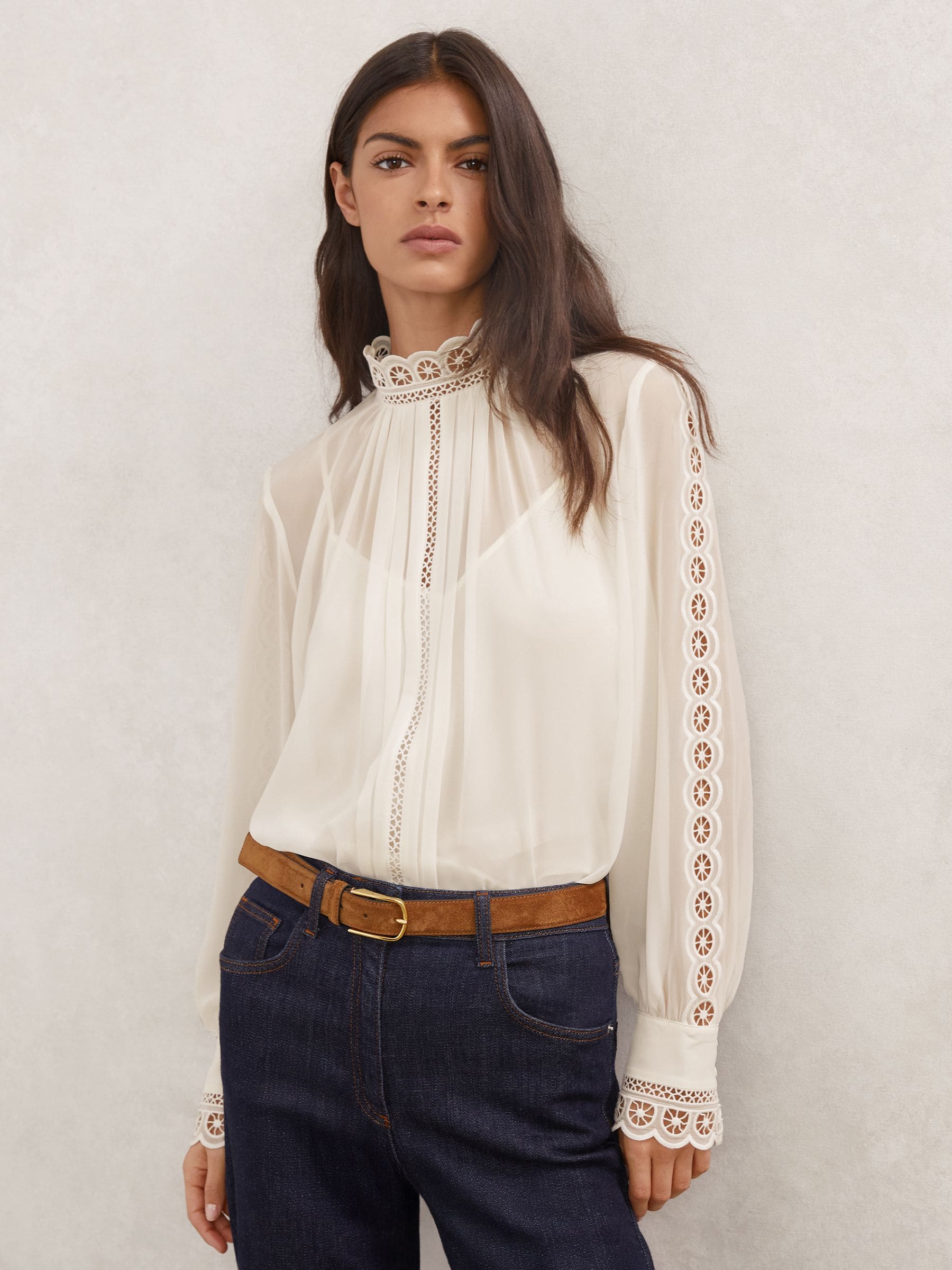 Buy Reiss Cream Ori Lace-Trim Sheer Blouse from Next Australia