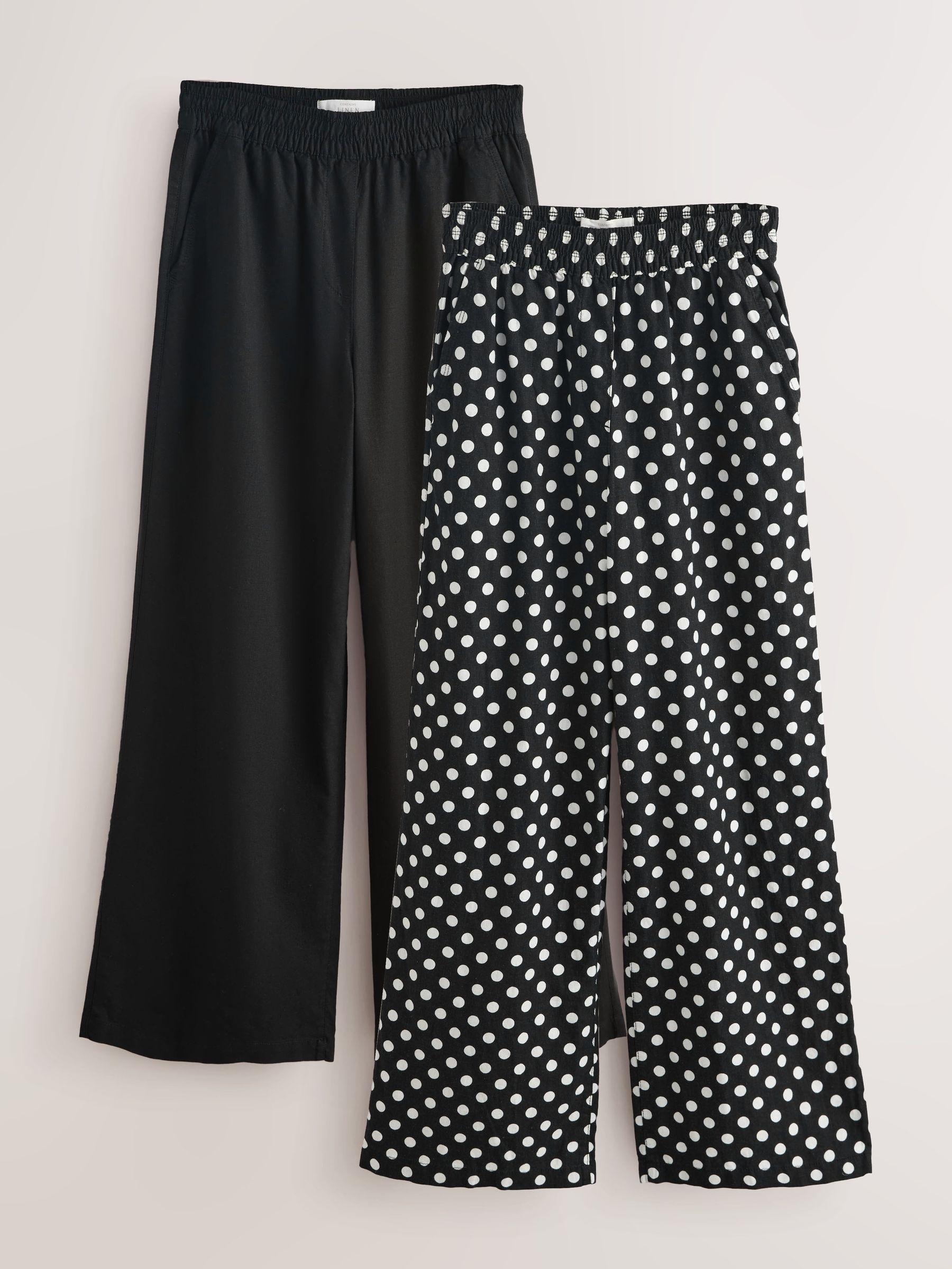 Buy Black/Black Polka Dot Stretch Linen Blend Wide Trousers 2 Pack