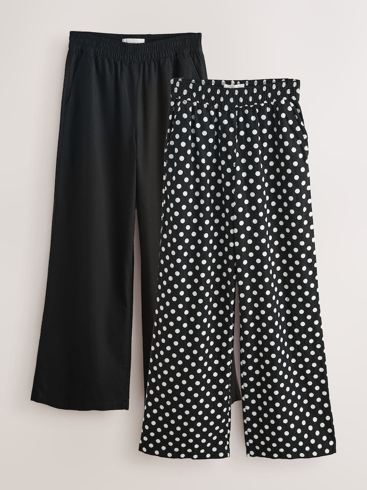 Black/Spot Stretch Linen Blend Wide Trousers 2 Pack - Image 1 of 9 Black/Spot Stretch Linen Blend Wide Trousers 2 Pack - Image 1 of 9