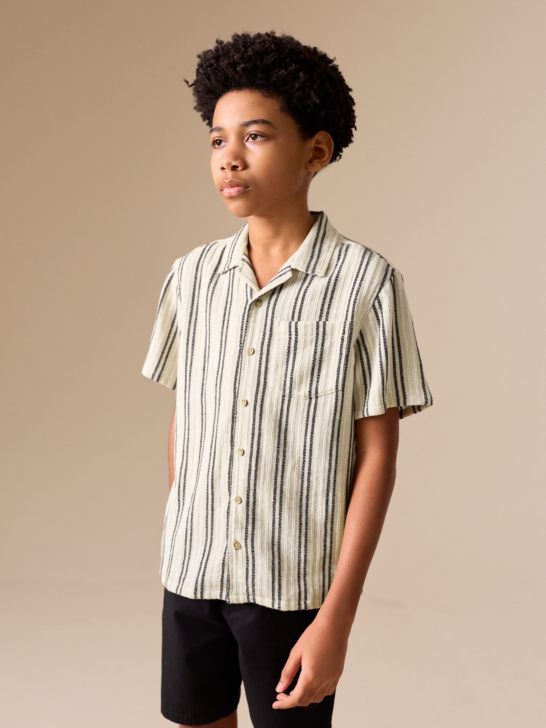 Buy Black/Cream Short Sleeve Textured Stripe Revere Shirt (3-16yrs