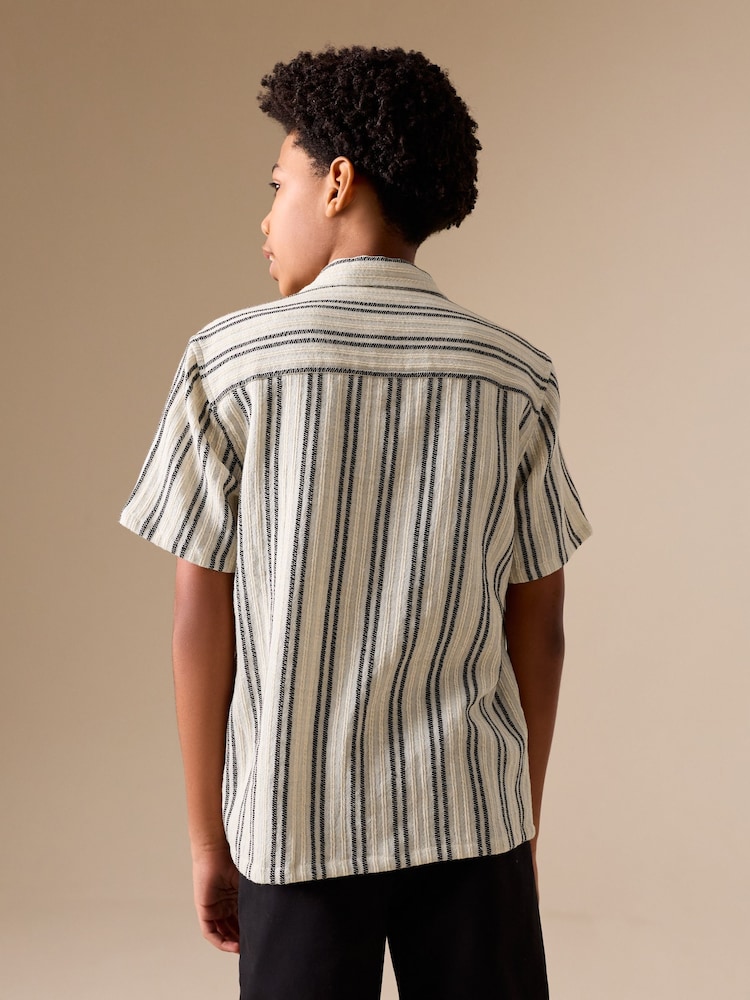 Black/Cream Short Sleeve Textured Stripe Revere Shirt (3-16yrs) - Image 2 of 8