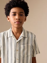 Black/Cream Short Sleeve Textured Stripe Revere Shirt (3-16yrs) - Image 3 of 8