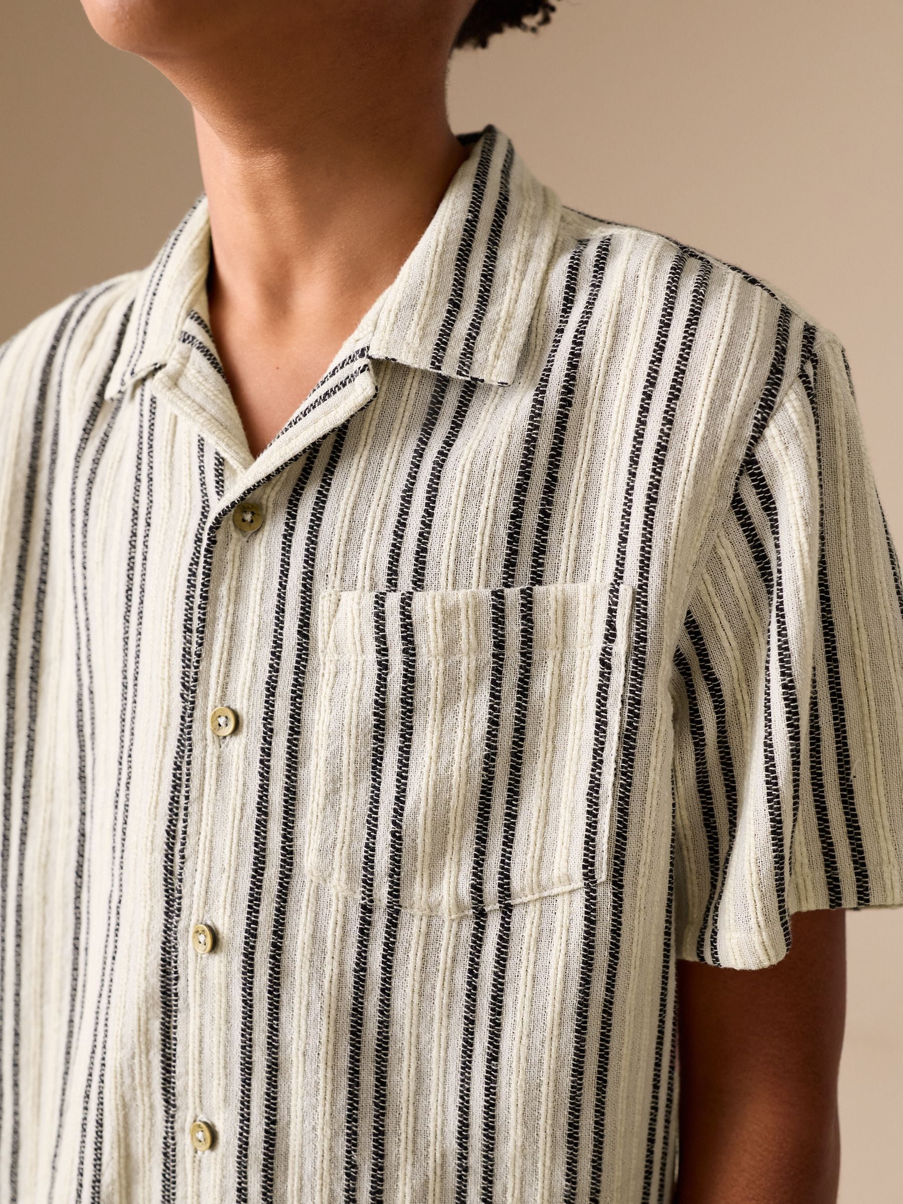 Buy Black/Cream Short Sleeve Textured Stripe Revere Shirt (3-16yrs