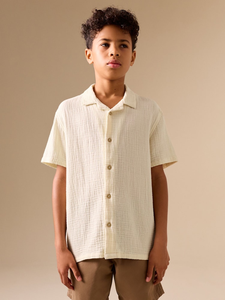 Ecru Short Sleeve Revere Collar Double Cloth Shirt (3-16yrs) - Image 1 of 8