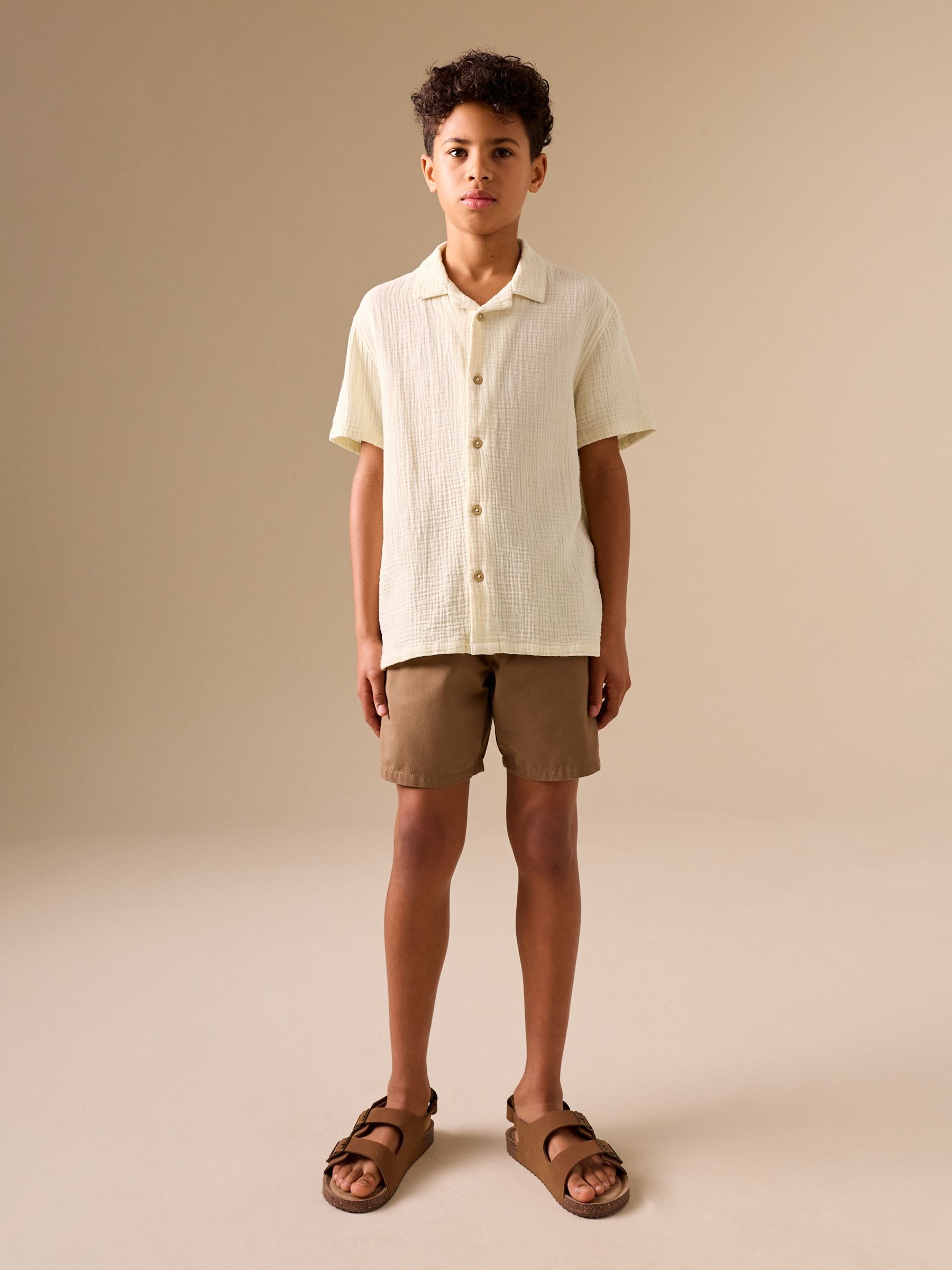 Buy Ecru Short Sleeve Revere Collar Double Cloth Shirt (3-16yrs