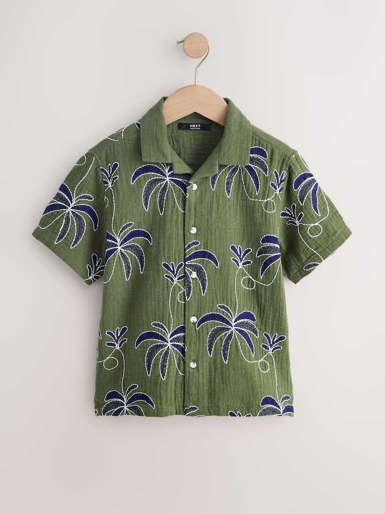 Khaki Green All Over Embroidery Short Sleeve Revere Collar Shirt (3-16yrs) - Image 1 of 4