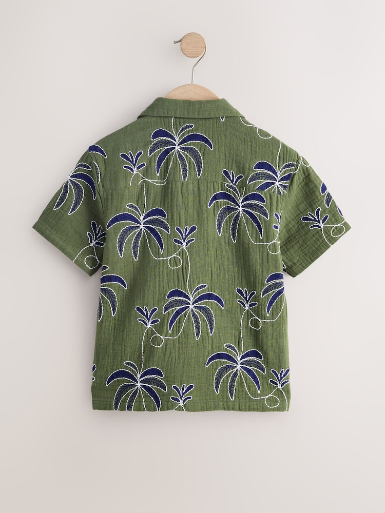 Khaki Green All Over Embroidery Short Sleeve Revere Collar Shirt (3-16yrs) - Image 2 of 4