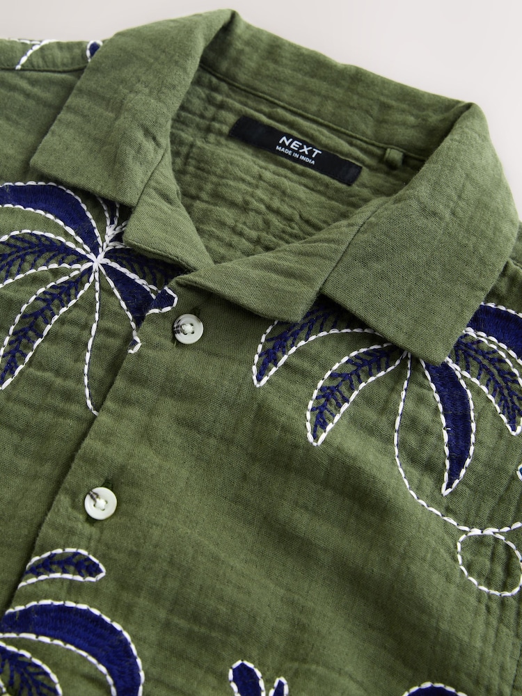 Khaki Green All Over Embroidery Short Sleeve Revere Collar Shirt (3-16yrs) - Image 4 of 4